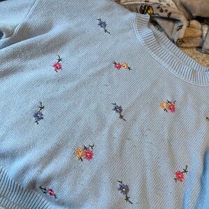 Floral Embroidered Light Blue Sweater